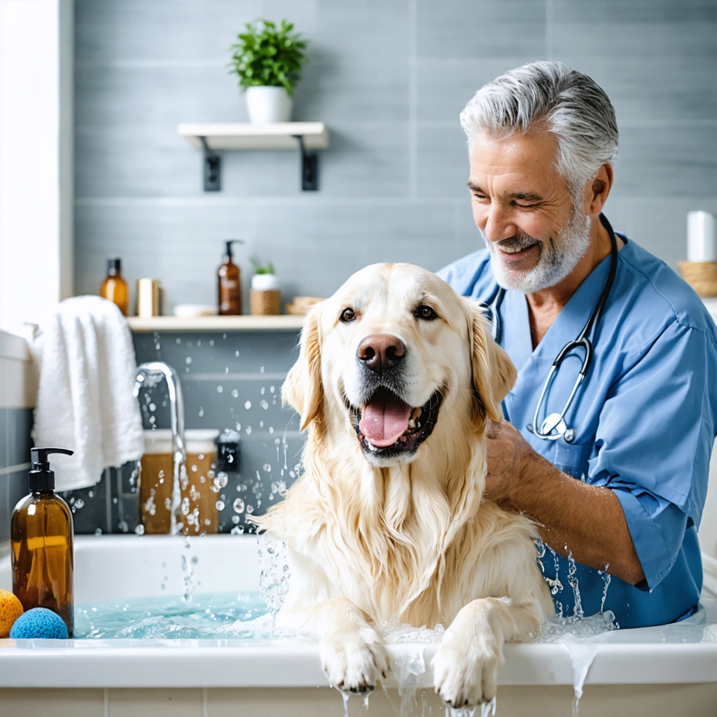 Un vétérinaire retraité donne un bain à un chien doré dans une salle de bain chaleureuse, avec des serviettes, des jouets et des shampoings.