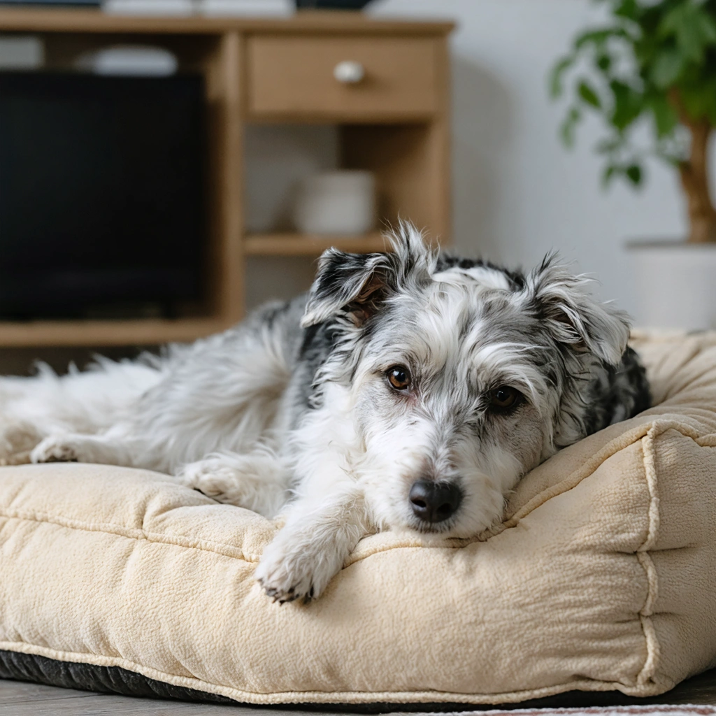 Un vieux chien allongé sur un lit douillet à la maison, montrant des signes précoces d’arthrose avec son maître attentionné à côté.