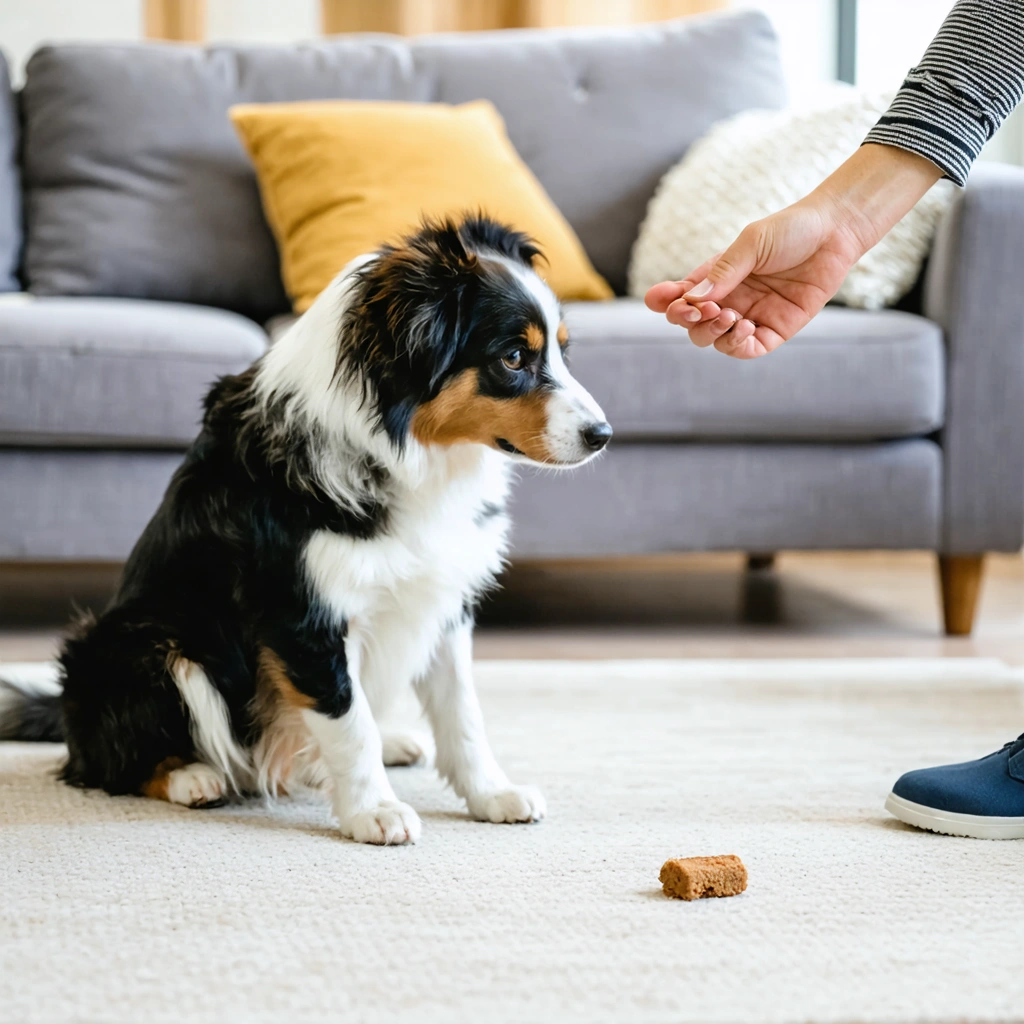 Un chien attentif et calme dans un salon, fixant une croquette posée devant son museau tandis qu'une personne lui demande d'attendre, illustrant un jeu d'apprentissage de la patience.
