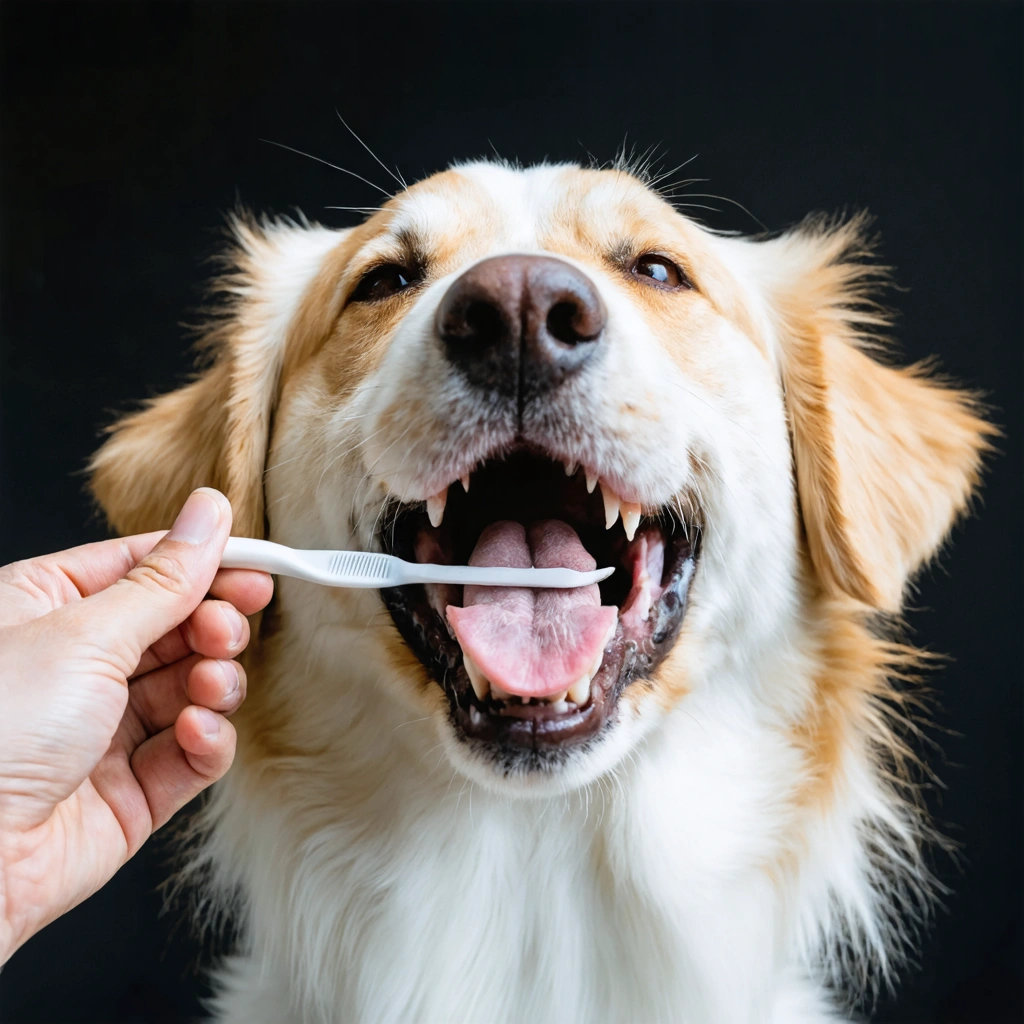 Un chien joyeux se fait brosser les dents par son maître, avec des accessoires de soins dentaires visibles.