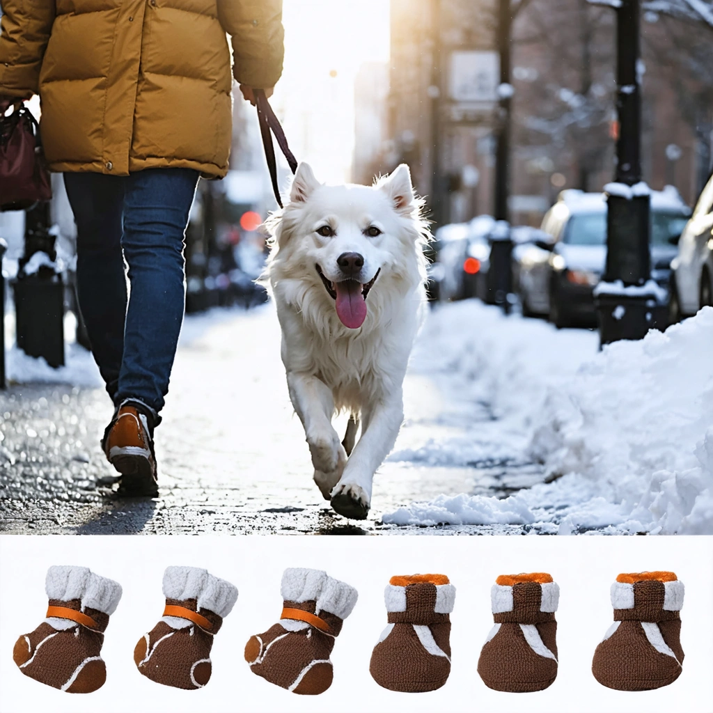 Un chien heureux avec des bottines protectrices marche avec son propriétaire sur un trottoir en été et en hiver, les pattes bien protégées, entouré de neige fondue et de soleil.