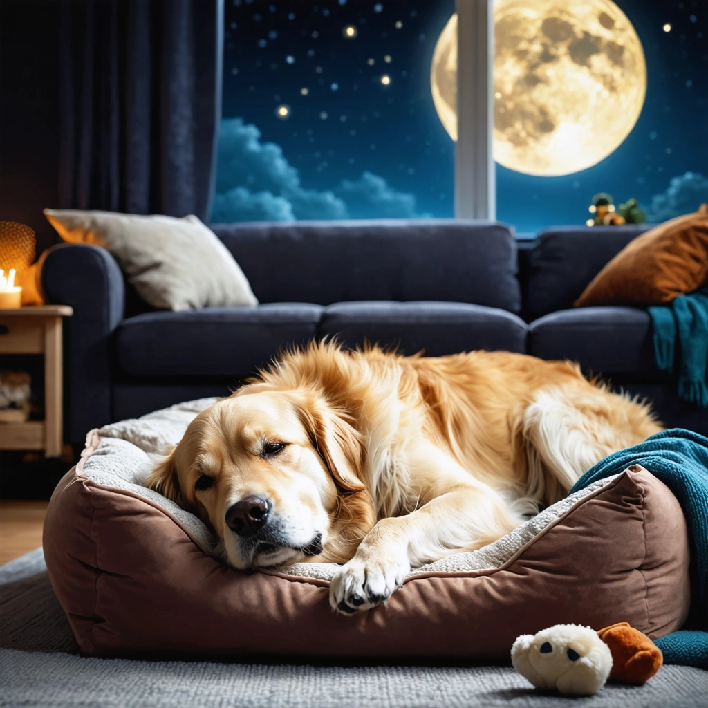 Chien calme dormant paisiblement dans son panier la nuit dans un salon tranquille.