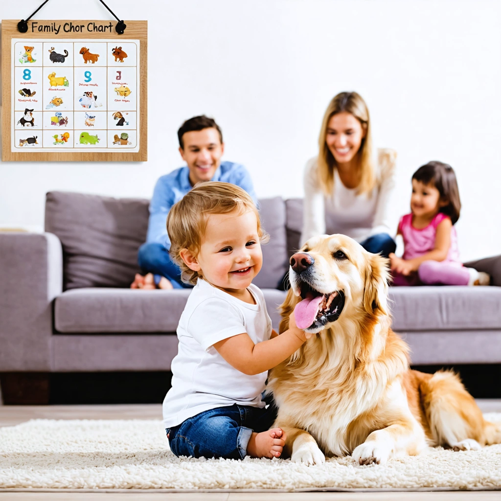 Un chien et un enfant assis côte à côte sur un tapis dans un salon chaleureux, entourés de membres de la famille souriants, avec un tableau de tâches visible en arrière-plan.