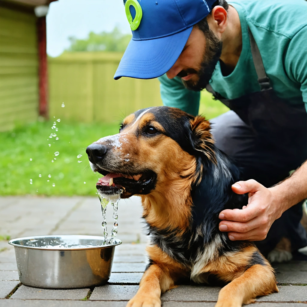 Un maître examine la bouche et la peau de son chien à la recherche de signes de déshydratation au soleil, avec une gamelle d’eau à côté.