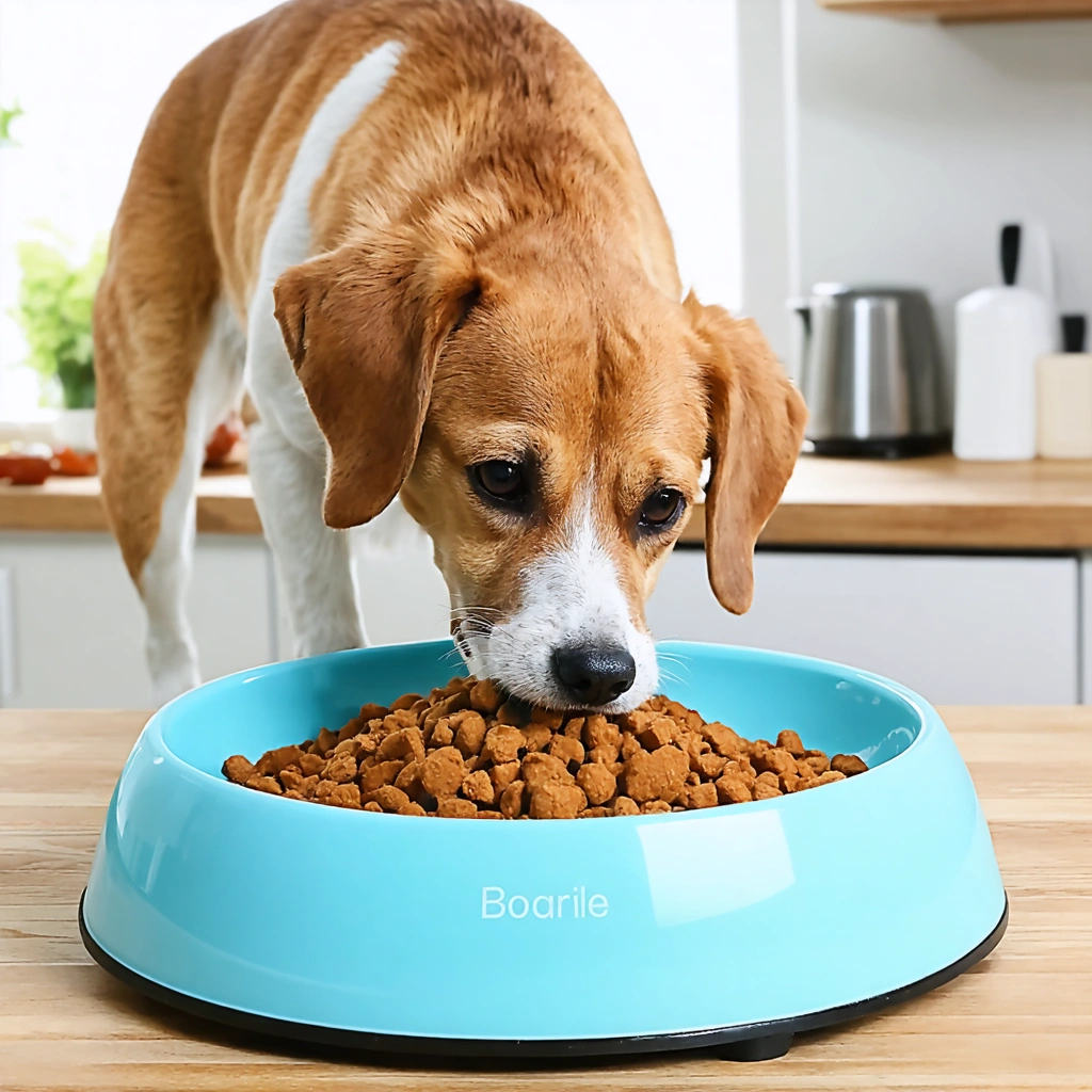 Un chien en train de manger dans une gamelle anti-glouton colorée dans une cuisine, concentré et curieux, la scène étant joyeuse et familiale.