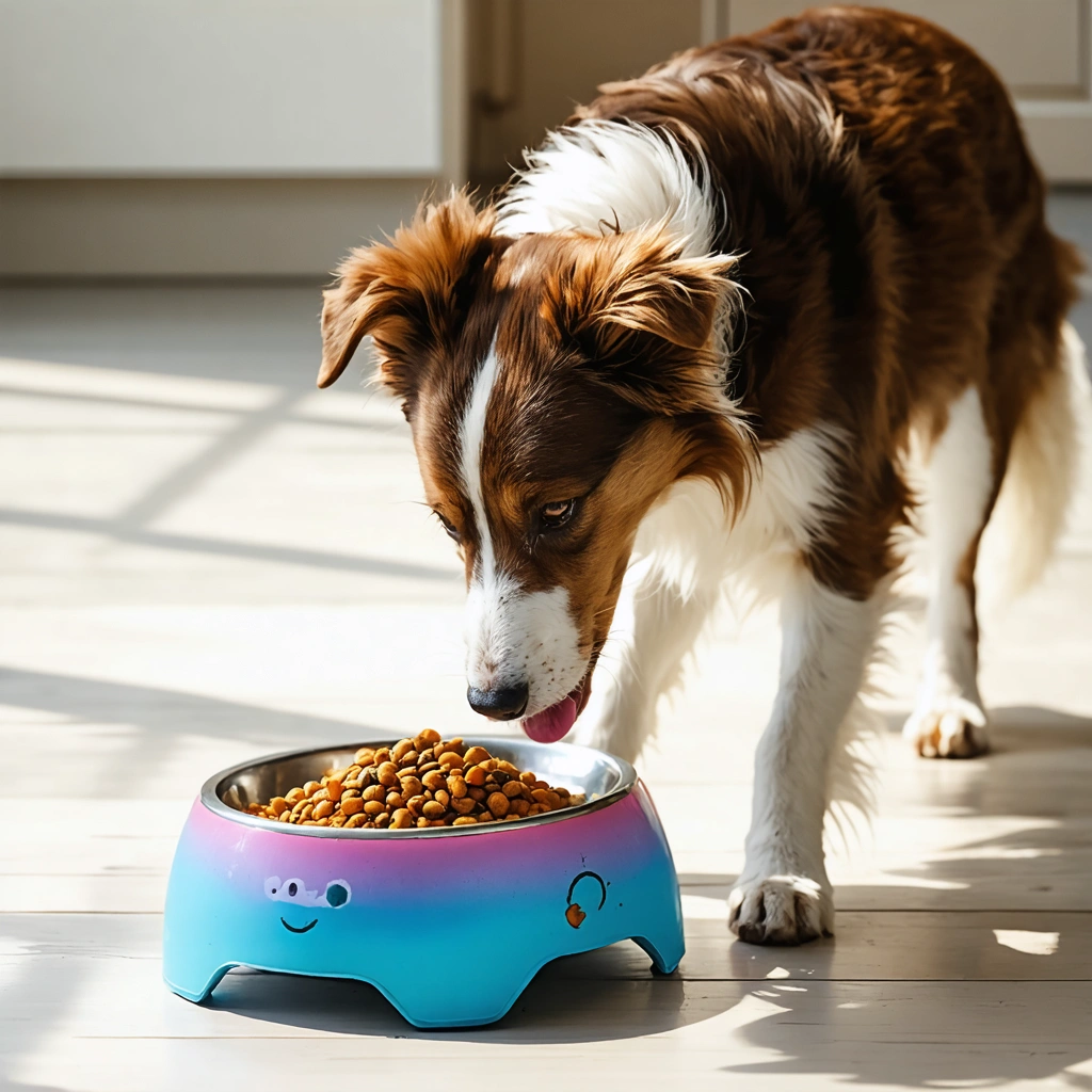 Un chien de taille moyenne mange lentement dans une gamelle anti-glouton colorée, dans une cuisine ensoleillée.
