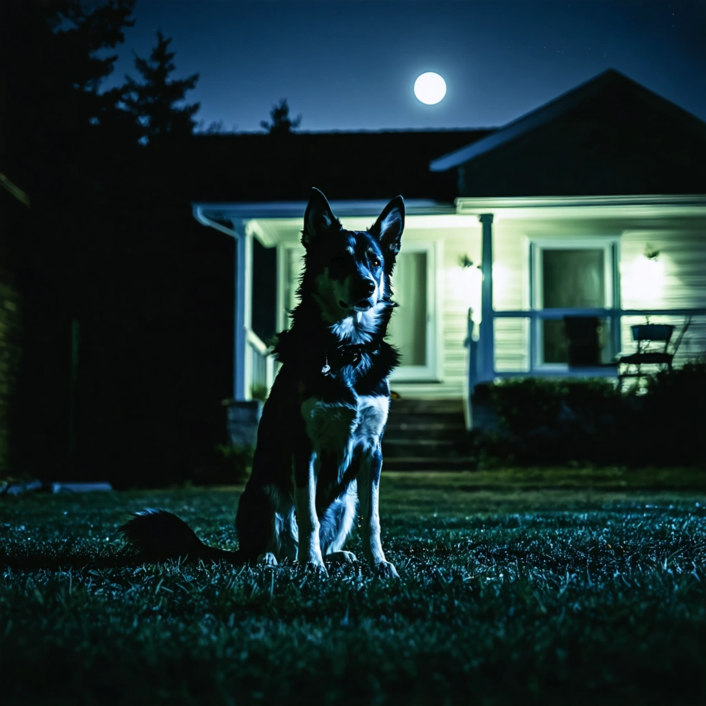 Un chien de garde silencieux assis calmement devant une maison la nuit, observant attentivement sans aboyer, sous une douce lumière de la lune.