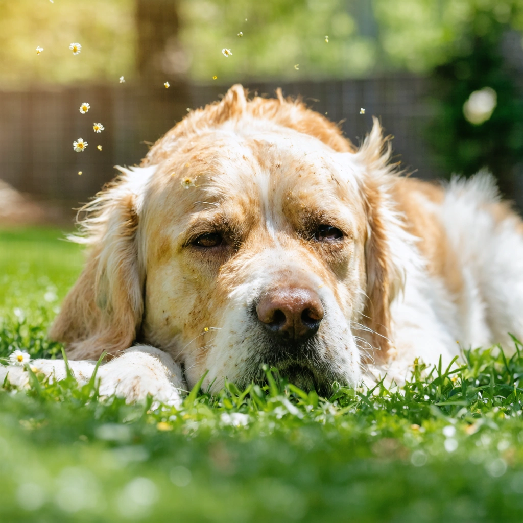 Chien au pelage clair se grattant dans un jardin printanier, entouré de particules de pollen dans l'air, avec une peau rougie et les yeux humides.