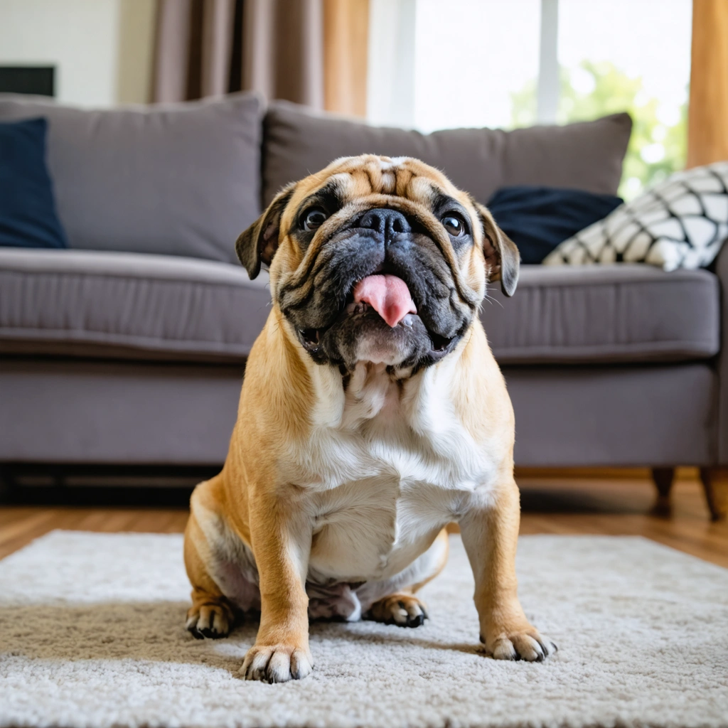 Petit bouledogue assis sur le sol, se grattant frénétiquement l’oreille avec la patte arrière, l’air désespéré et amusant, dans un environnement chaleureux type salon.