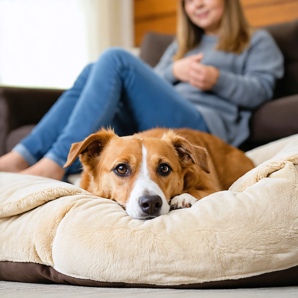 Un chien allongé sur son coussin dans le salon, l'air détendu mais vigilant, avec un membre de la famille à proximité.