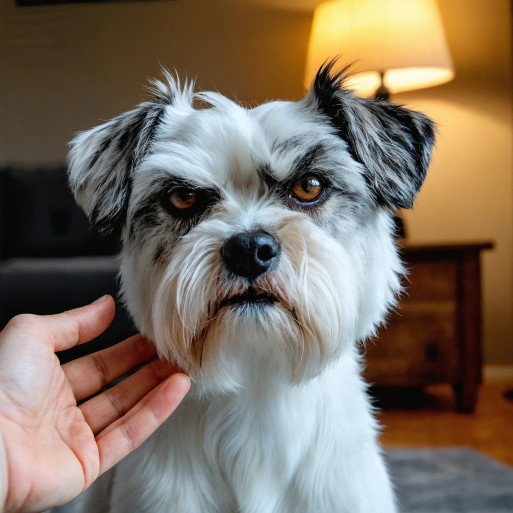 Un chien d'apparence habituelle mais visiblement grognon est assis de côté dans un salon, détournant la tête d'une main qui tente de le caresser, pour illustrer les changements de comportement liés à la douleur chronique.