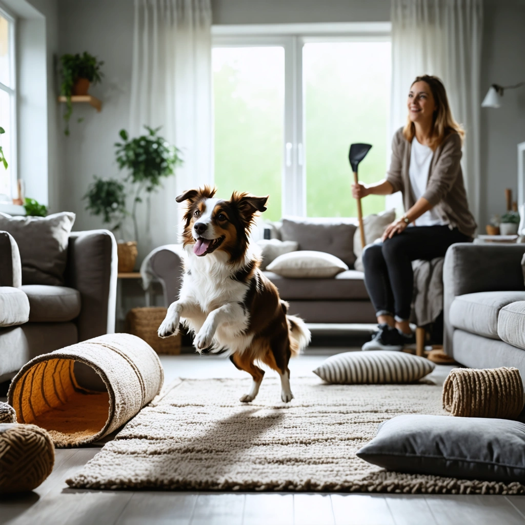 Un chien énergique s’amuse dans un salon, sautant par-dessus un balai posé sur des chaises, sous le regard complice de son maître.