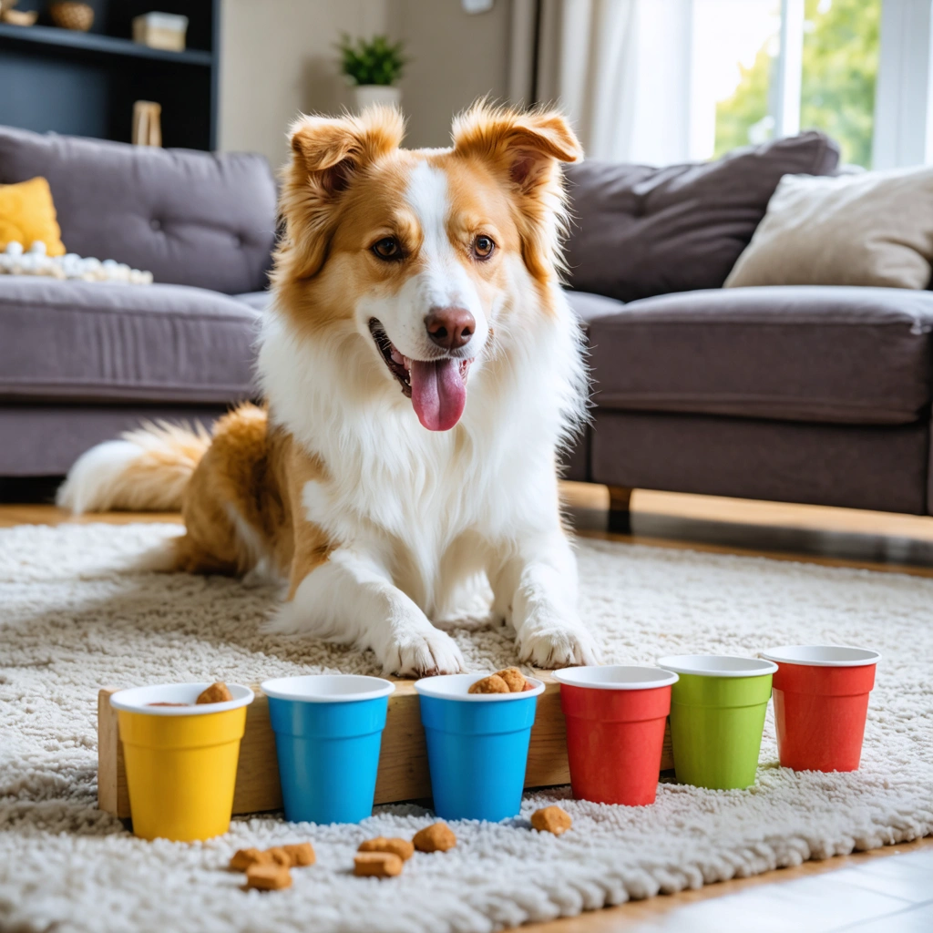 Un chien attentif joue à un jeu d’intelligence débutant où il cherche des friandises cachées sous des gobelets dans un salon chaleureux