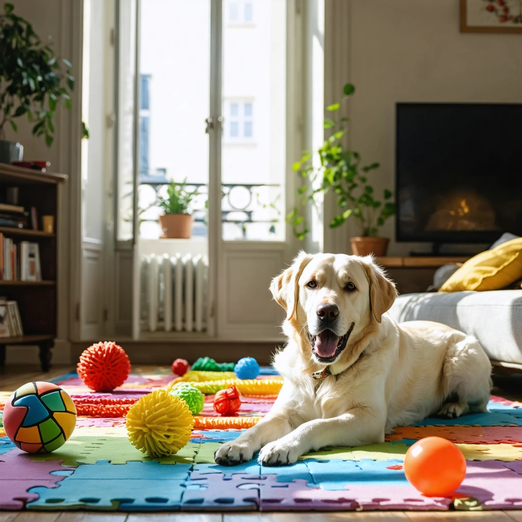 Chien joueur dans un salon avec différents jouets interactifs étalés autour de lui, profitant de sa solitude en s'amusant.