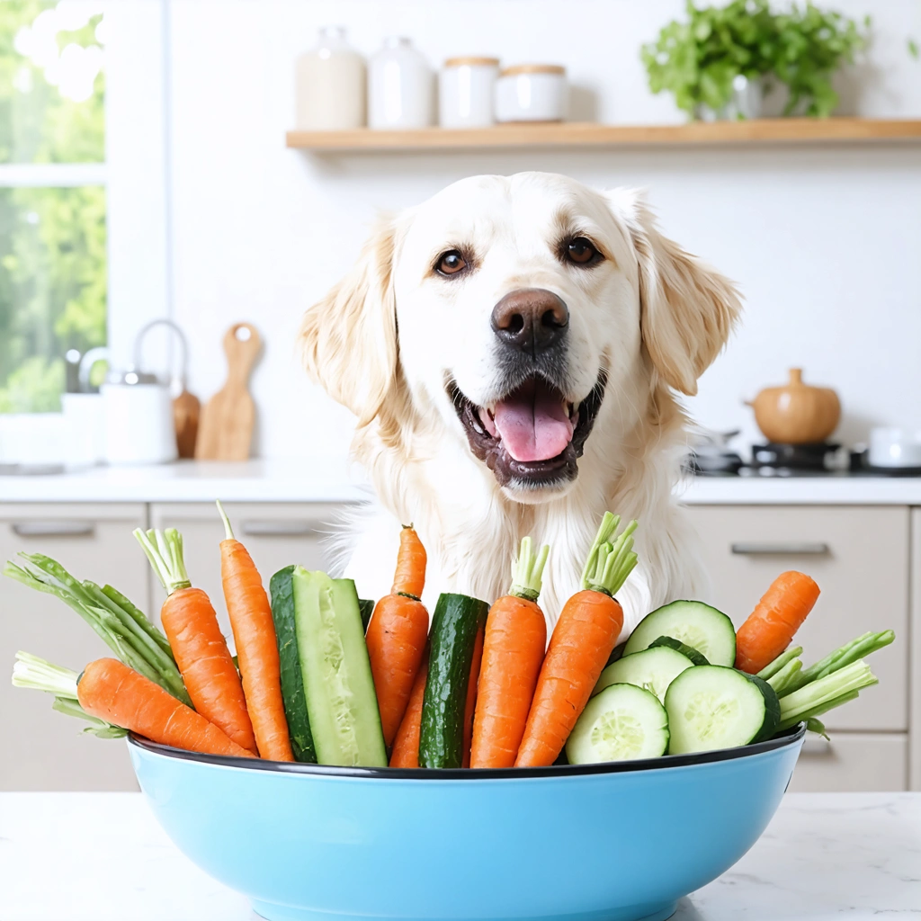Un chien assis joyeusement à côté d'un bol de légumes variés crus comme des bâtonnets de carotte, de concombre, de courgette et des haricots verts.