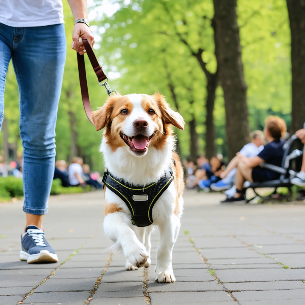 Un chien heureux marche calmement en laisse avec son maître dans un parc urbain, montrant une complicité et une détente sans tirer.