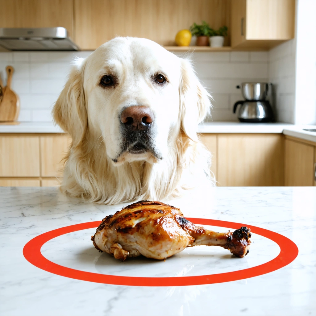 Un chien regarde un os cuit sur une table dans une cuisine, symbole du danger des os cuits pour les chiens