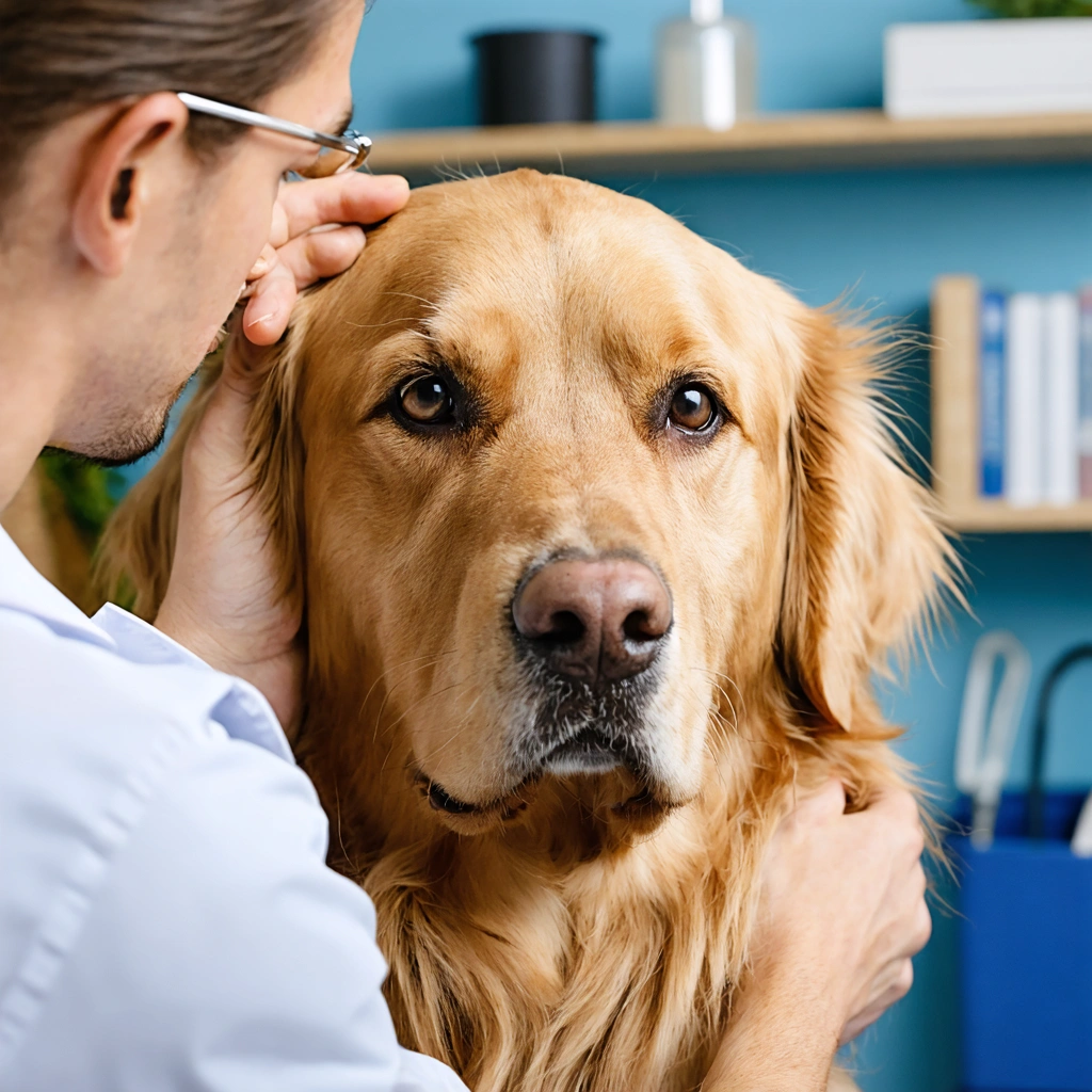 Un vétérinaire examine l’oreille d’un chien pour rechercher une otite, le chien semble confiant bien que légèrement gêné.