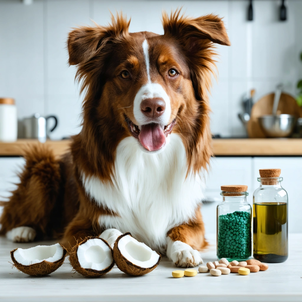 Un chien joyeux au pelage brillant entouré de compléments alimentaires naturels sur une table.