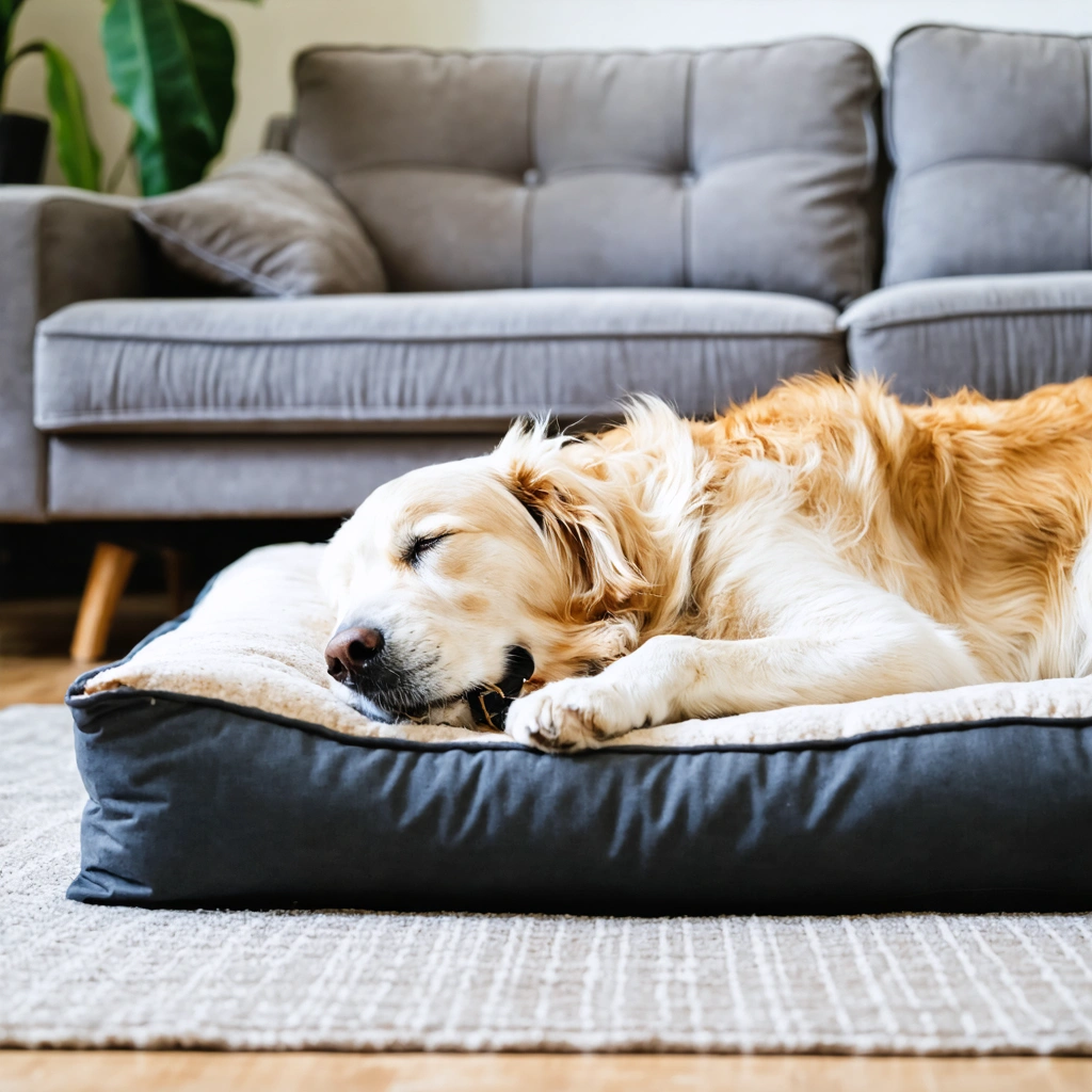Chien senior couché paisiblement sur un lit orthopédique dans un salon lumineux et confortable.