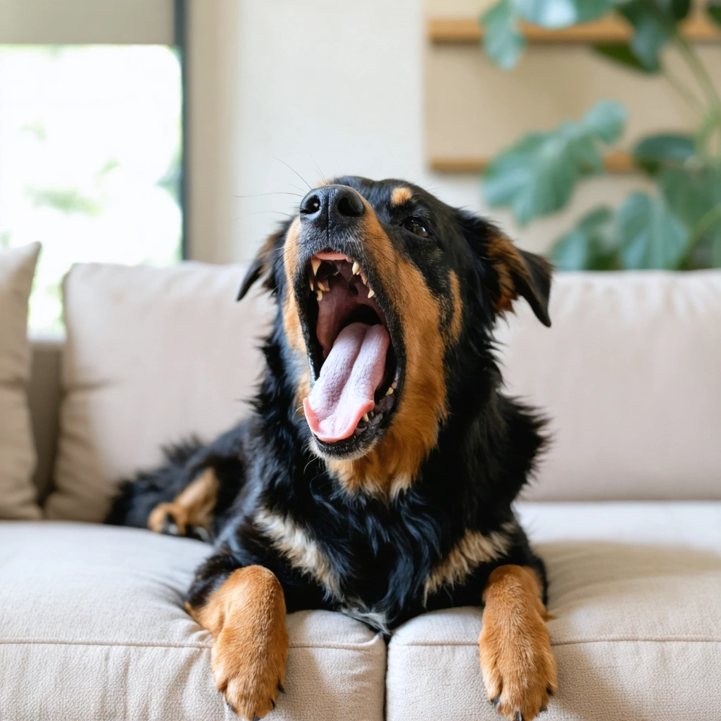 Un chien montre des signaux d'apaisement comme un bâillement, un léchage de museau et la tête détournée dans un environnement calme.