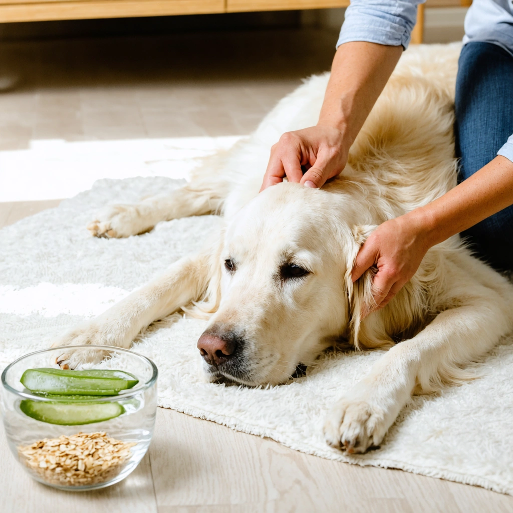Chien doré allongé sur une couverture propre pendant qu'une personne applique un gel naturel sur son ventre, avec de la lumière naturelle et un bol d'avoine à côté.