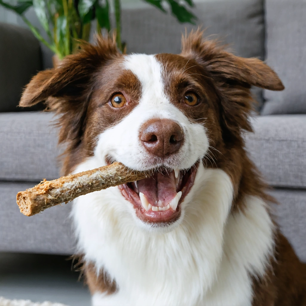 Un chien souriant montrant ses dents blanches, mastiquant un bâtonnet naturel dans un salon convivial avec des plantes vertes en arrière-plan.