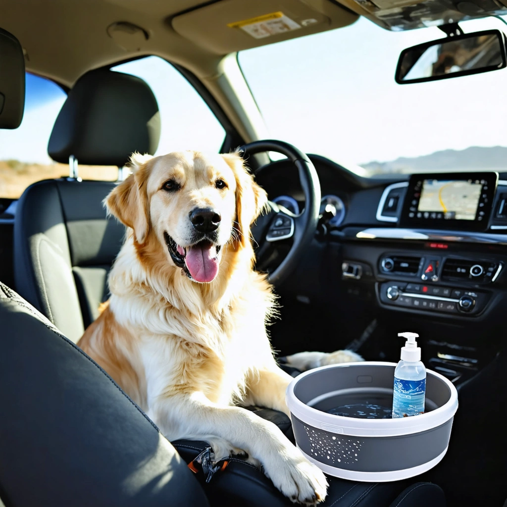Un chien détendu assis dans une voiture avec une gamelle anti-débordement au sol, une bouteille de brumisation à côté, illustrant la prévention des accidents d’eau et la fraîcheur pendant le voyage.