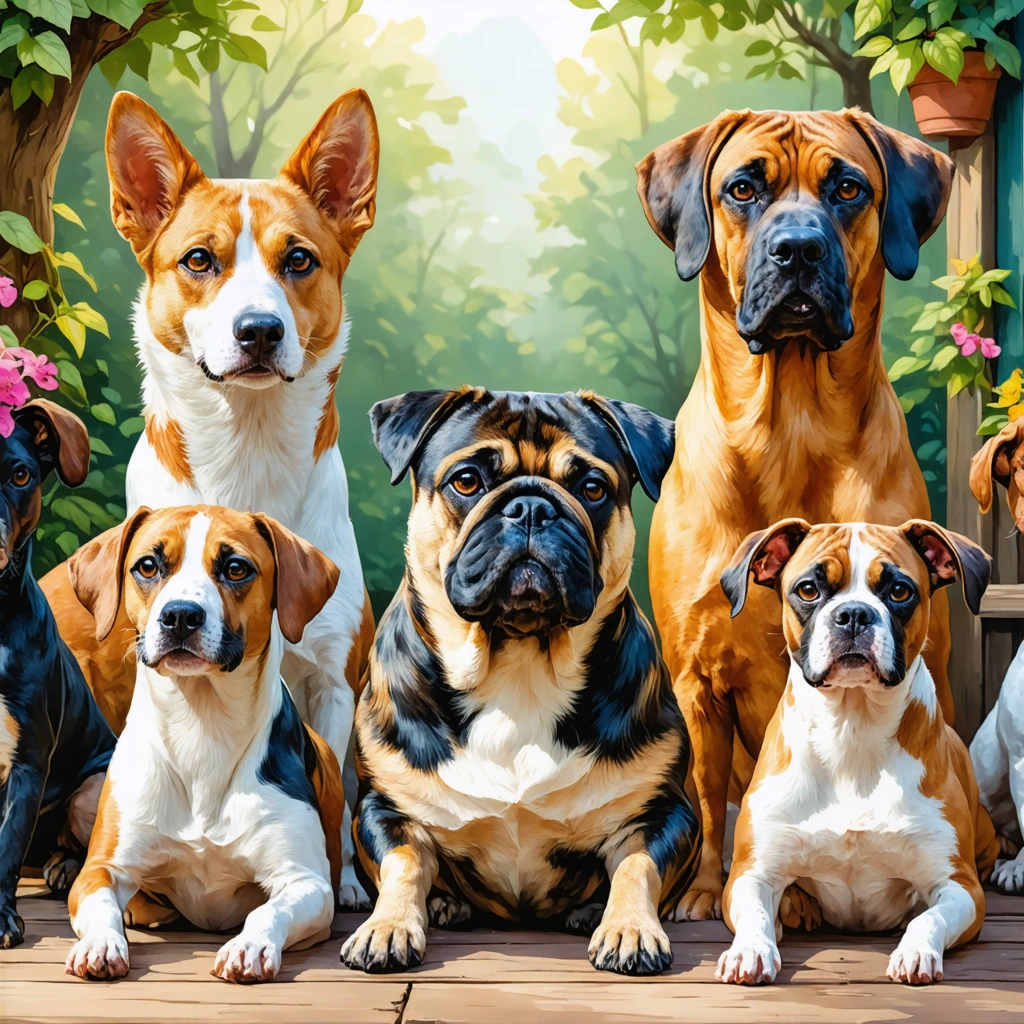 sept races de chiens de garde silencieux dans un intérieur familial, illustrant leur vigilance discrète sans aboyer