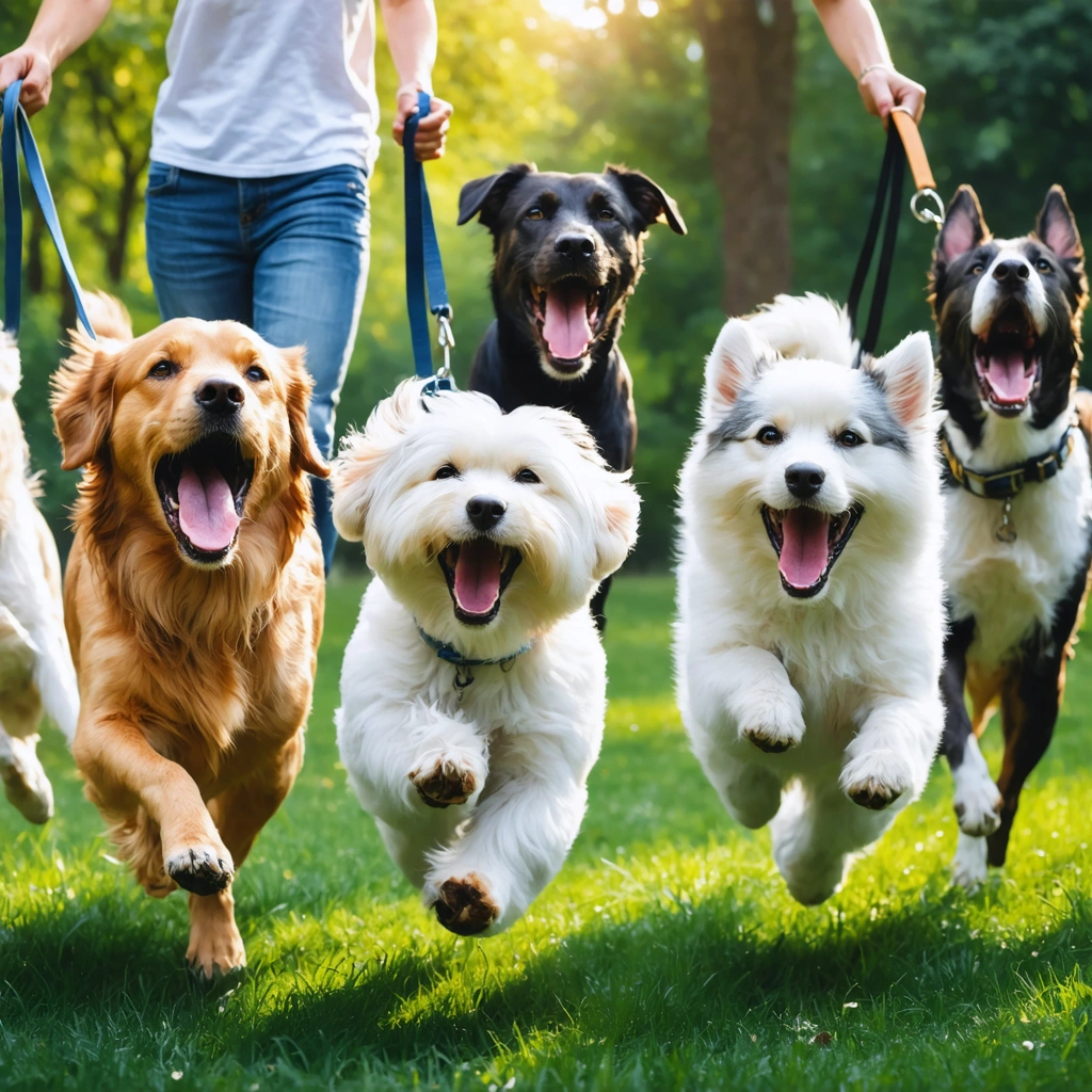 Un groupe de chiens de différentes races manifestant des comportements réactifs au bout de leurs laisses dans un parc urbain, certains sautant, d'autres tirant ou aboyant, entourés de leurs humains.