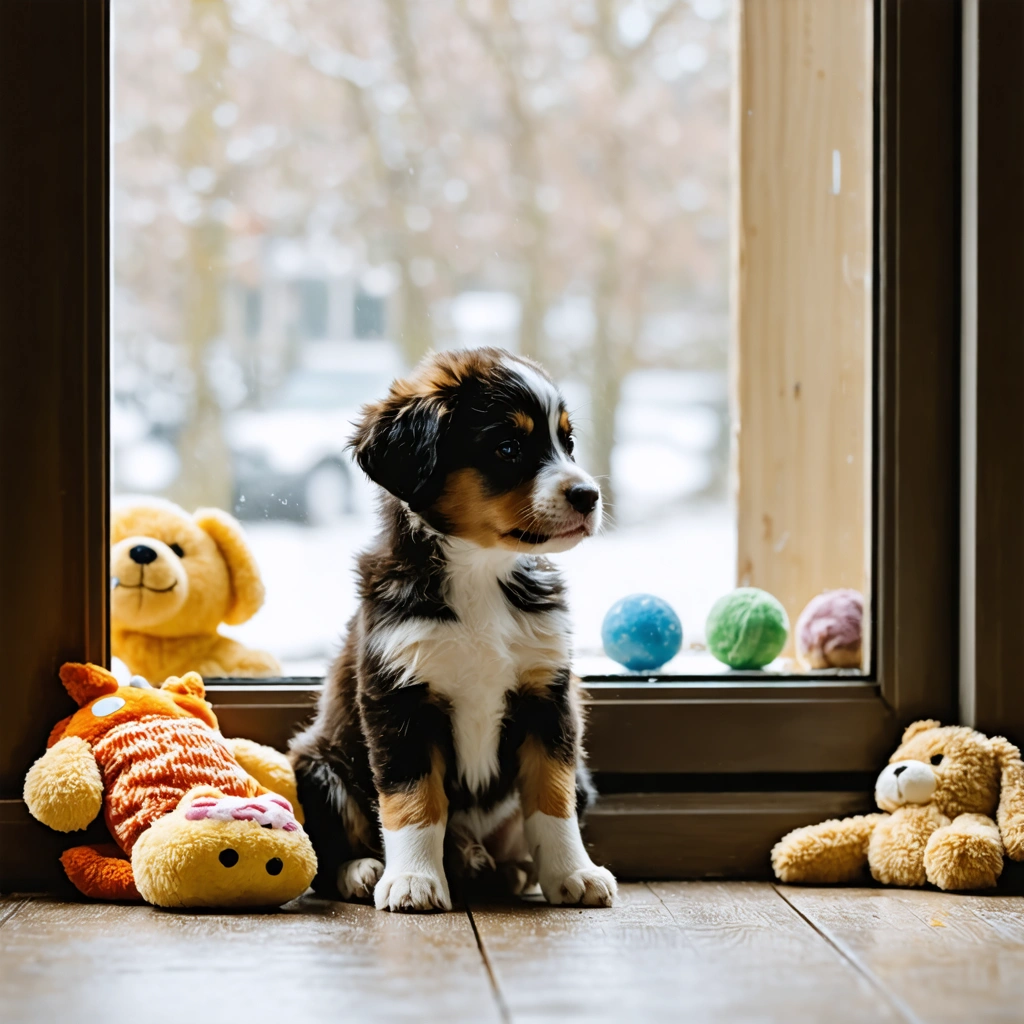 Un jeune chiot anxieux assis près d'une fenêtre, entouré de jouets dans un intérieur chaleureux, illustrant l'anxiété de séparation.