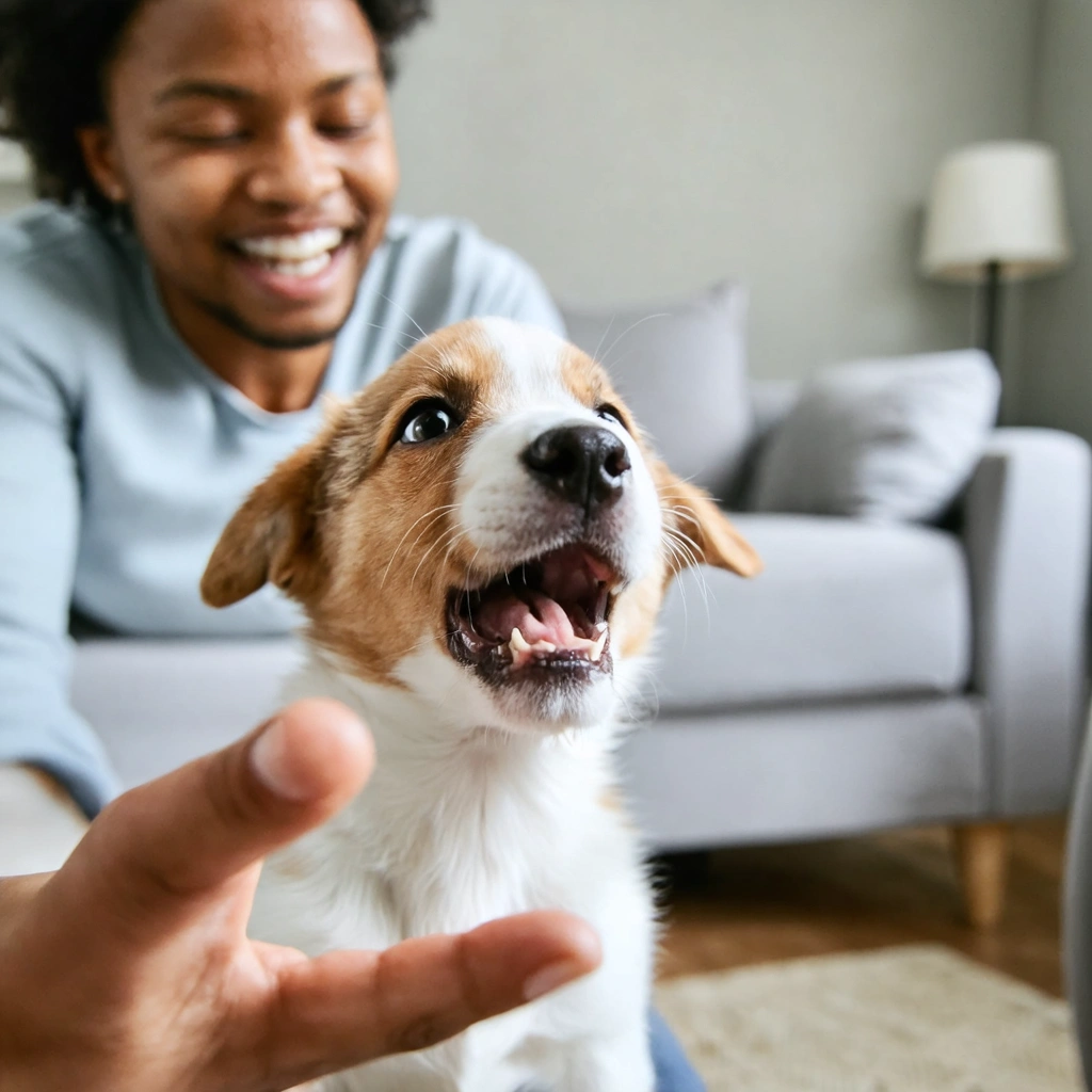 Une scène montrant un chiot têtu observant un humain qui exprime un 'non' ferme par une expression de visage exagérée, avec un geste de la main clair, dans un environnement domestique.
