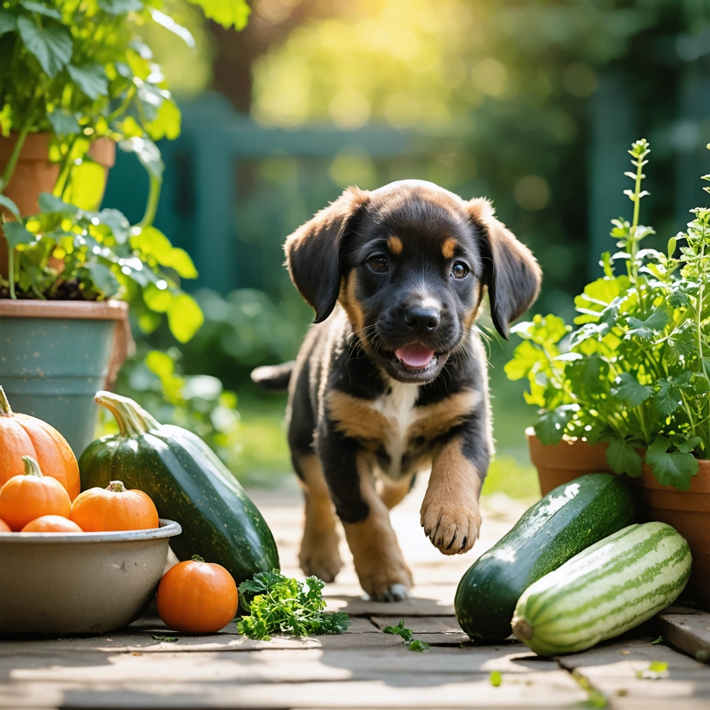 Un chiot heureux joue dans un jardin propre, entouré de légumes et herbes frais, illustrant la prévention naturelle des parasites internes.