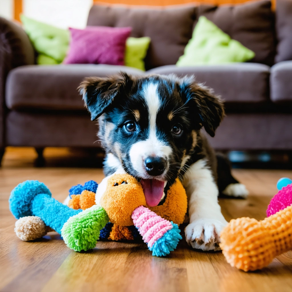 Un chiot joueur mordille un jouet coloré dans un salon chaleureux, entouré d'autres jouets, montrant un comportement typique de jeune chien curieux.