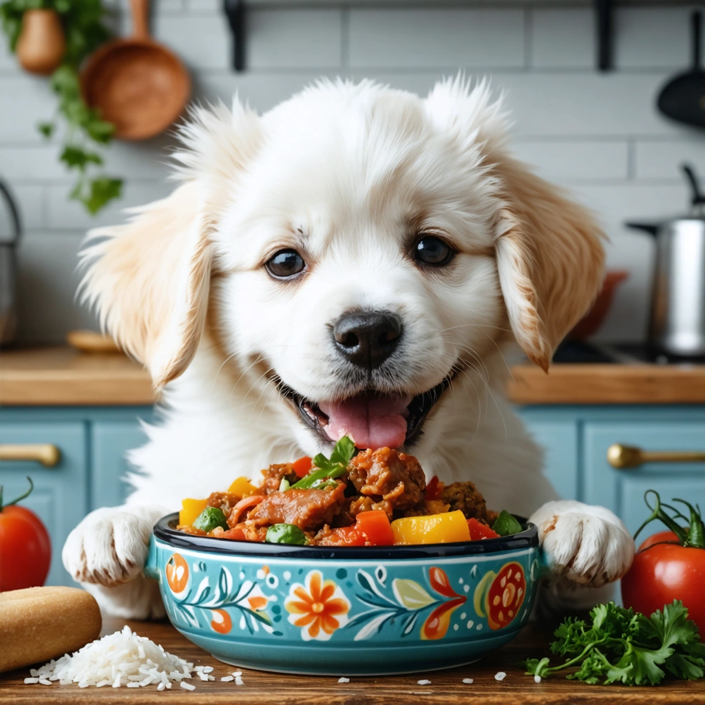 Un chiot gourmand dégustant un repas ménager appétissant dans un bol coloré, entouré d'ingrédients frais dans une cuisine chaleureuse.