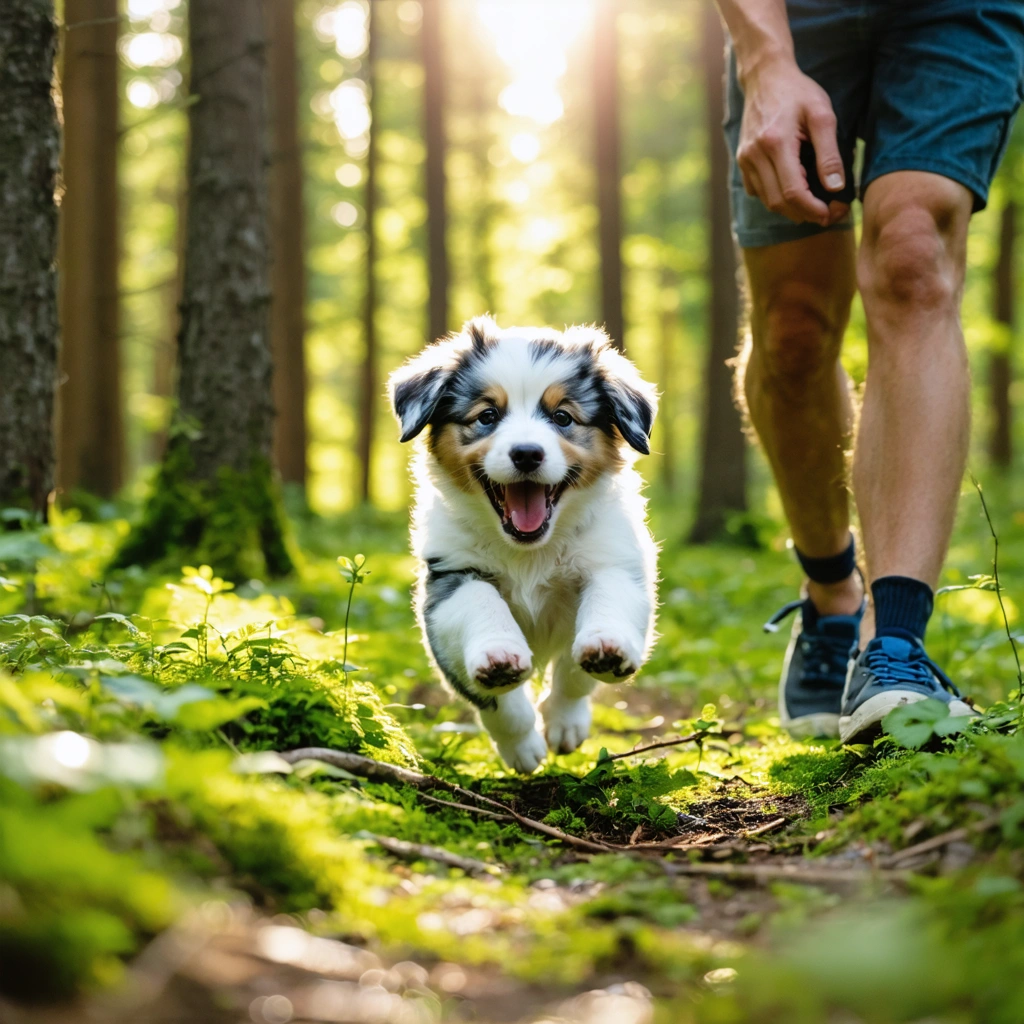 Un chiot enthousiaste et son propriétaire explorant joyeusement une forêt verdoyante, jouant ensemble sous la lumière du soleil.