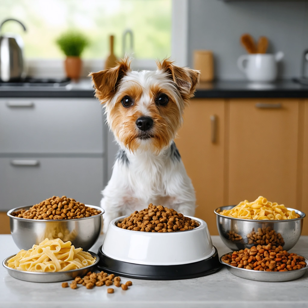 Petit chien hésitant devant différentes nourritures et une gamelle d'eau, dans une cuisine conviviale.