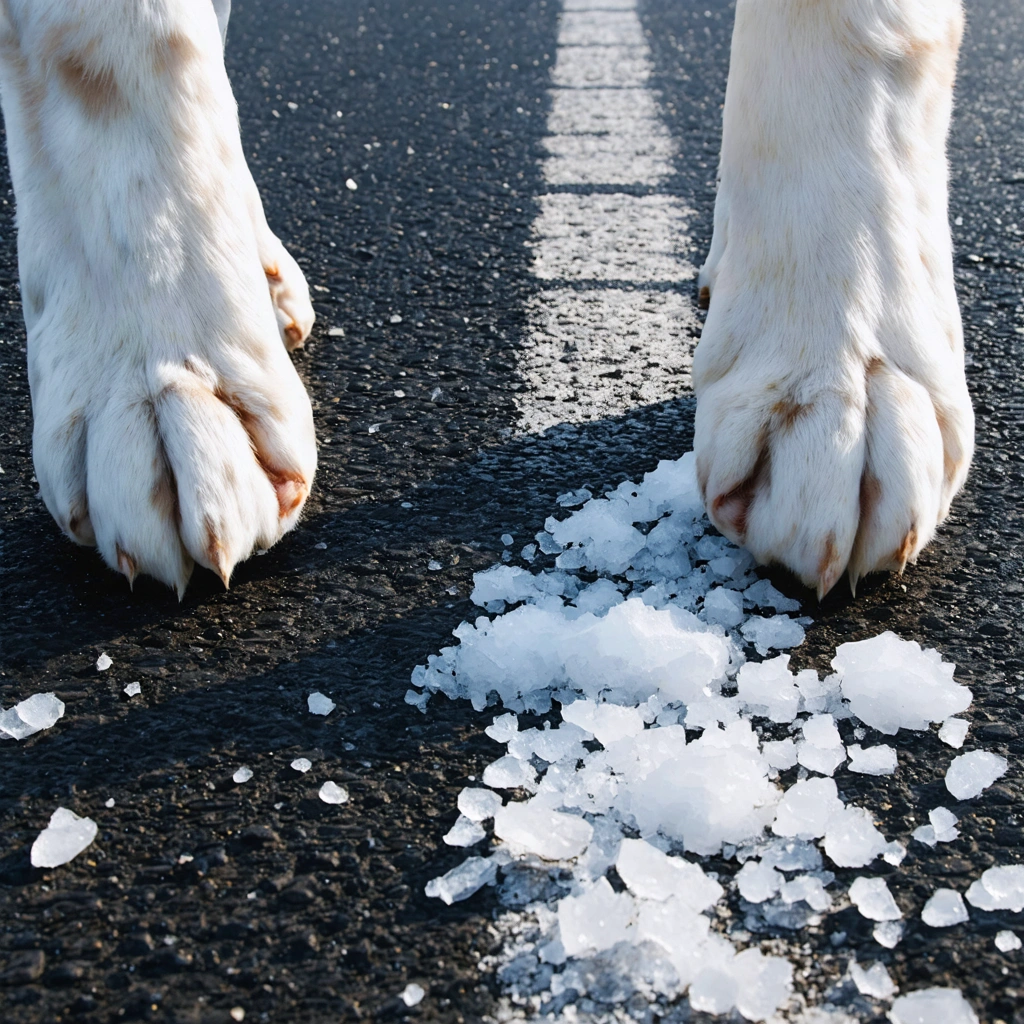 Plan rapproché sur une patte de chien marchant sur une route avec de l'asphalte chaud, de la neige et des objets pointus, montrant la fragilité et la sollicitation des coussinets.