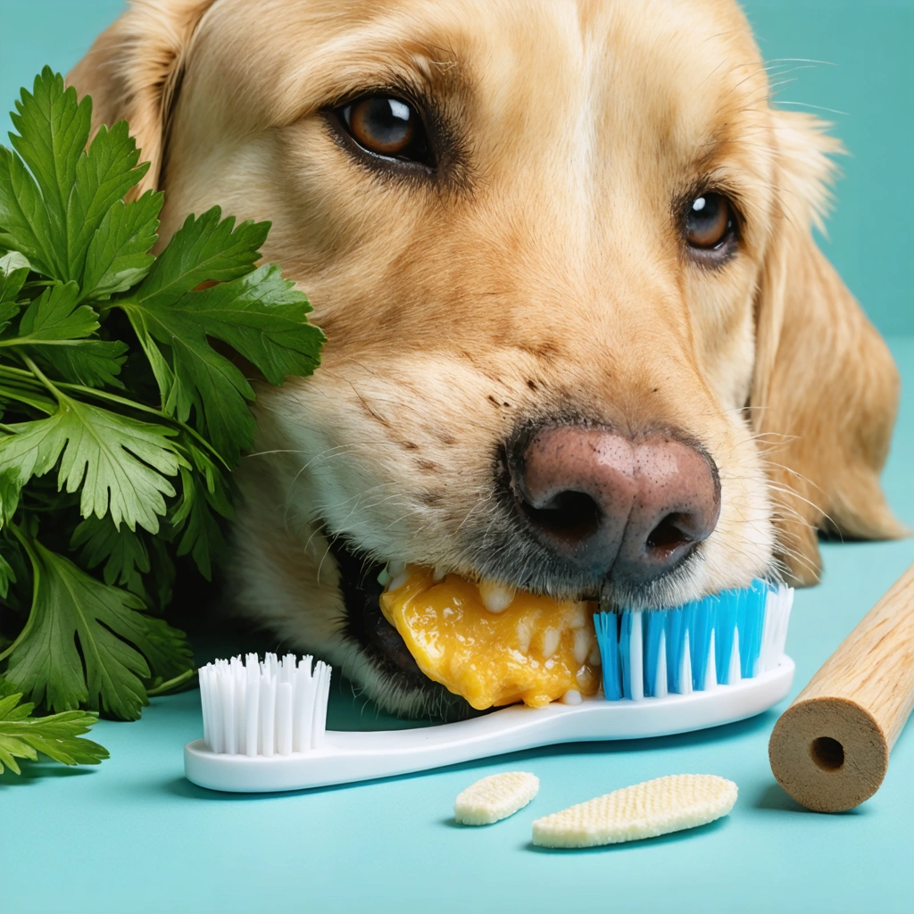 Vue rapprochée de la bouche d’un chien montrant du tartre sur ses dents, avec une brosse à dents et des produits naturels en arrière-plan.