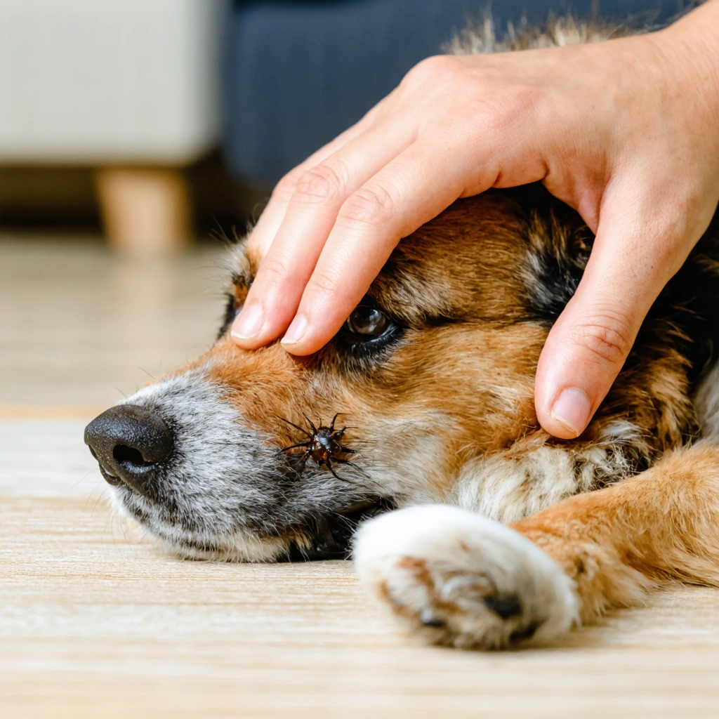Main humaine en train d’enlever délicatement une tique du pelage d’un chien à l’aide d’un outil adapté dans un intérieur lumineux.