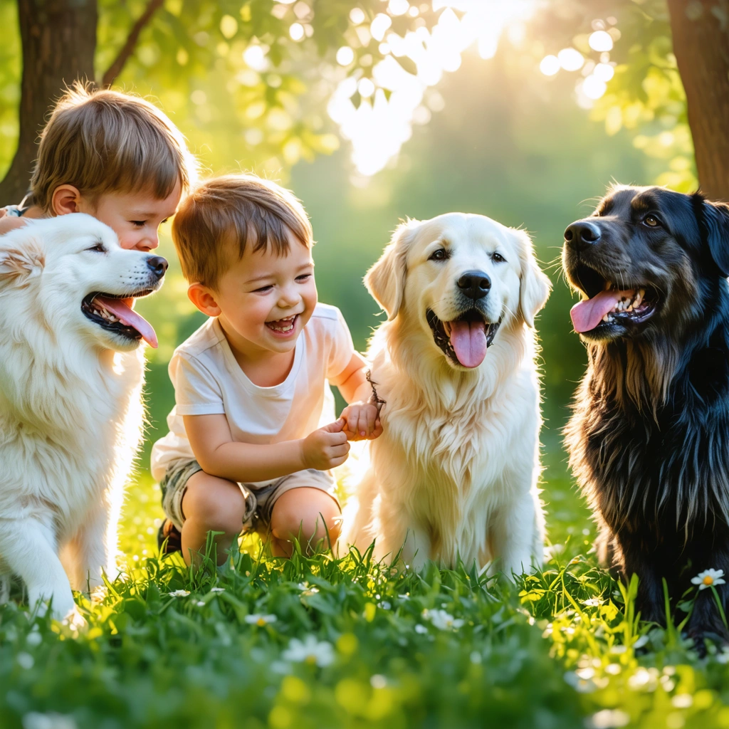 Scène réaliste d'une famille jouant dans un jardin ensoleillé avec des enfants caressant des chiens de plusieurs races douces, tels qu’un Labrador, un Golden Retriever et un Bouvier Bernois, tout le monde affichant une grande complicité.