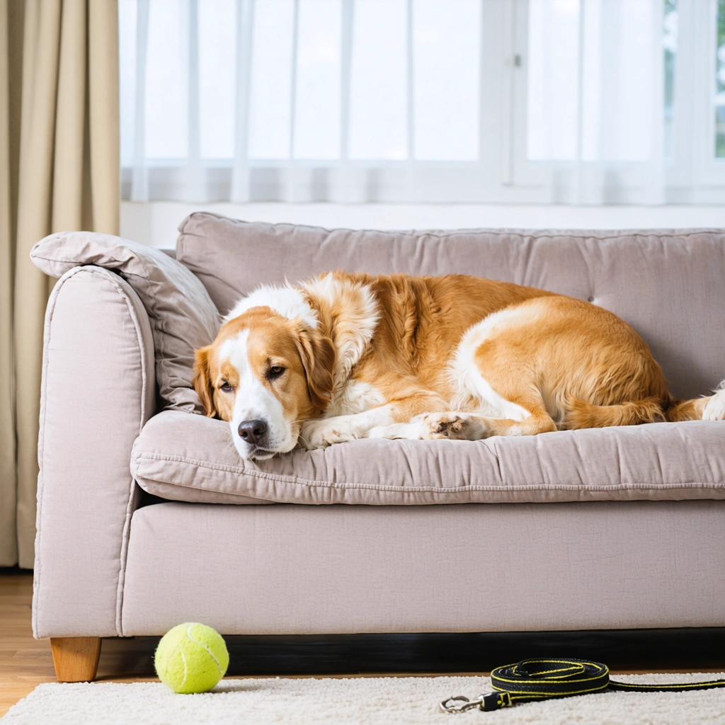 Un grand chien allongé paresseusement sur un canapé, semblant détendu et tranquille dans un salon lumineux, avec une balle et une laisse posées sur le sol à côté de lui.