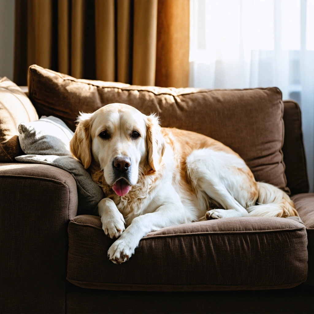 Un grand chien calme et affectueux, couché sereinement sur un canapé moelleux dans un salon chaleureux.