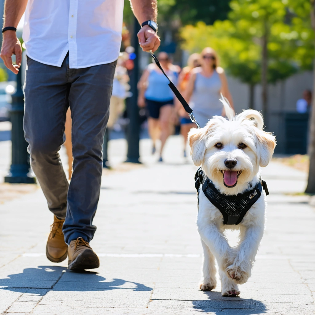 Un homme souriant promenant un chien en harnais dans une rue, tous deux détendus et heureux au soleil.