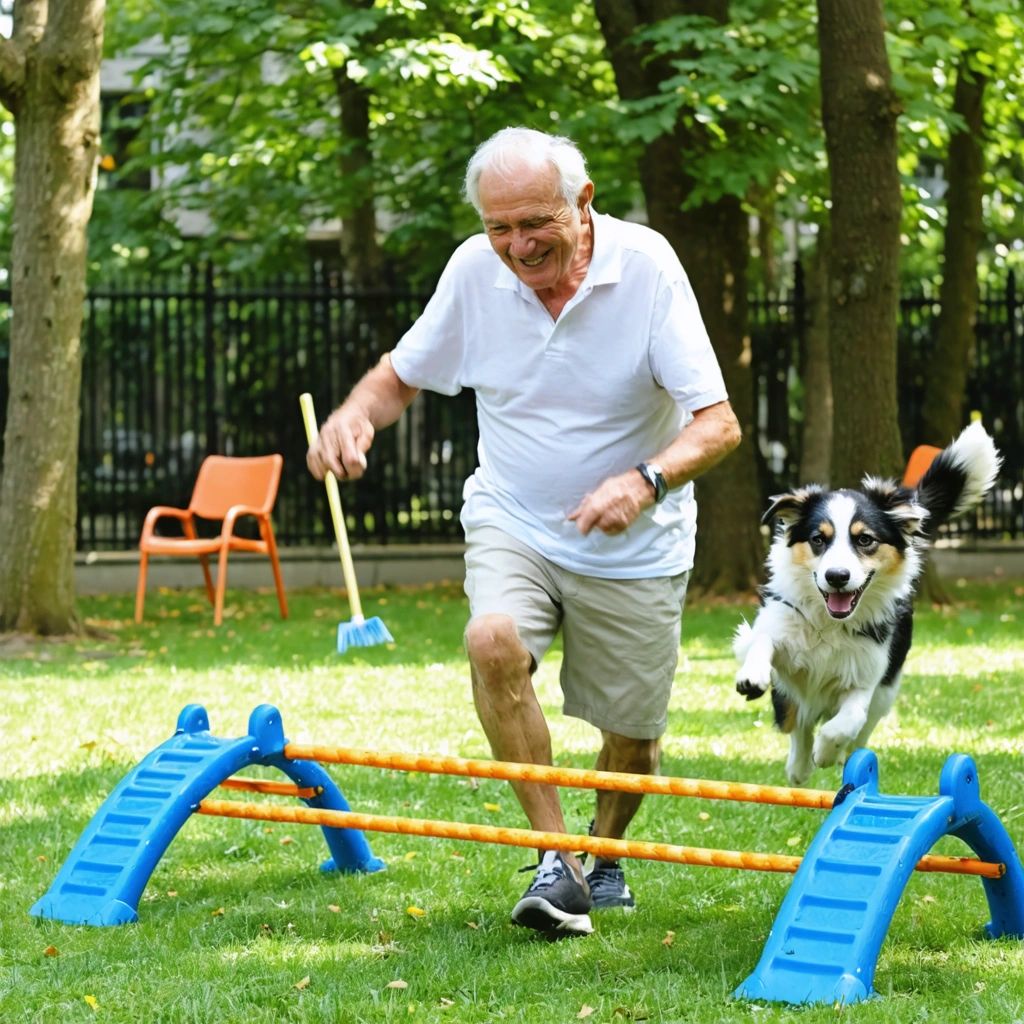 Un homme avec un chien qui joue ensemble dans un parc urbain, en improvisant un parcours d'agilité avec des chaises et un balai.