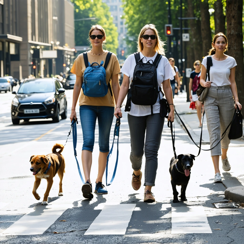 Différents propriétaires de chiens promènent leurs chiens avec divers types de laisses en centre-ville, illustrant la sécurité et le choix adapté du matériel.