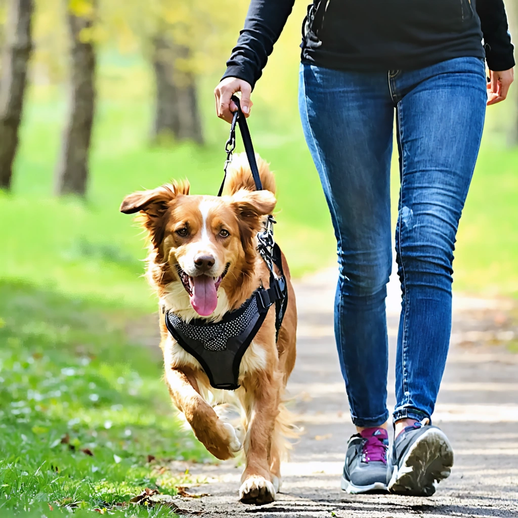 Une personne se promène sereinement avec un chien énergique portant un harnais spécial anti-traction, la laisse détendue, dans un parc naturel.
