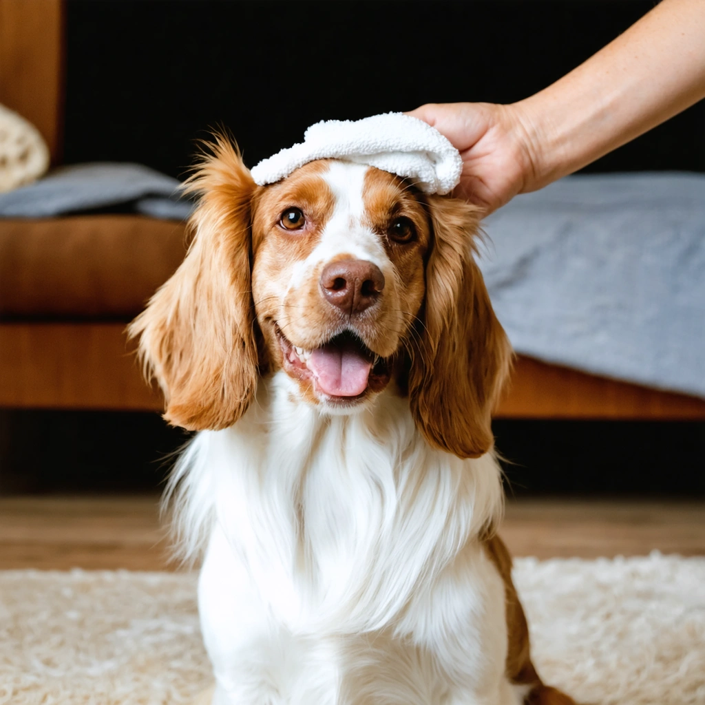 Un chien aux longues oreilles pendantes se fait nettoyer les oreilles délicatement par une main humaine dans une ambiance chaleureuse à la maison.