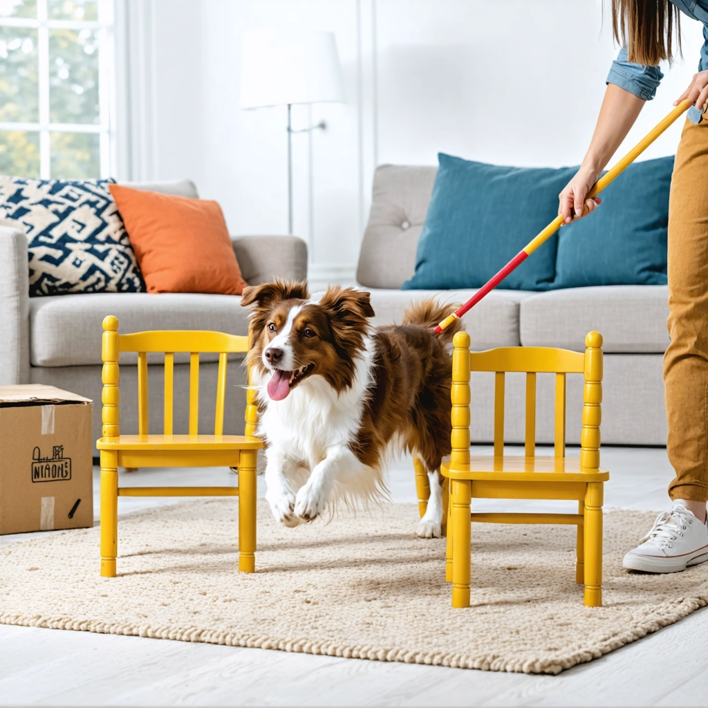 Un chien s'amuse à slalomer entre des chaises disposées dans un salon, avec un balai posé pour former un obstacle et des coussins, un tabouret et une boîte en carton ajoutés, tandis qu'une personne l'encourage.