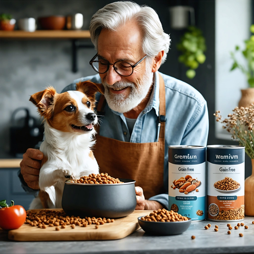 Un petit chien joyeux mange une pâtée sans céréales premium, servi par un vétérinaire retraité dans une cuisine chaleureuse, avec des boîtes de pâtée de différentes marques visibles sur la table.